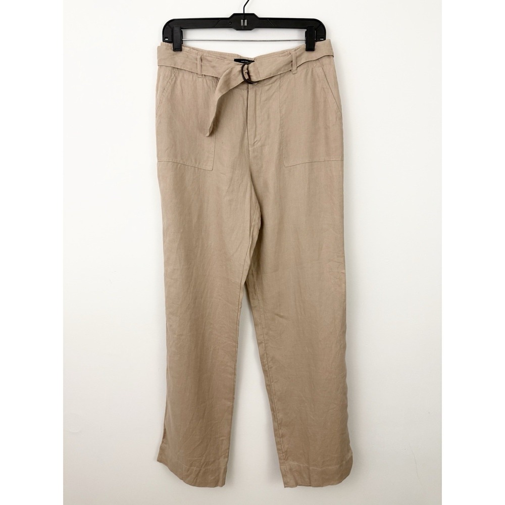 TAHARI 100% Linen Khaki Tan PANTS 6 Straight Belted Casual Coastal Minimalist